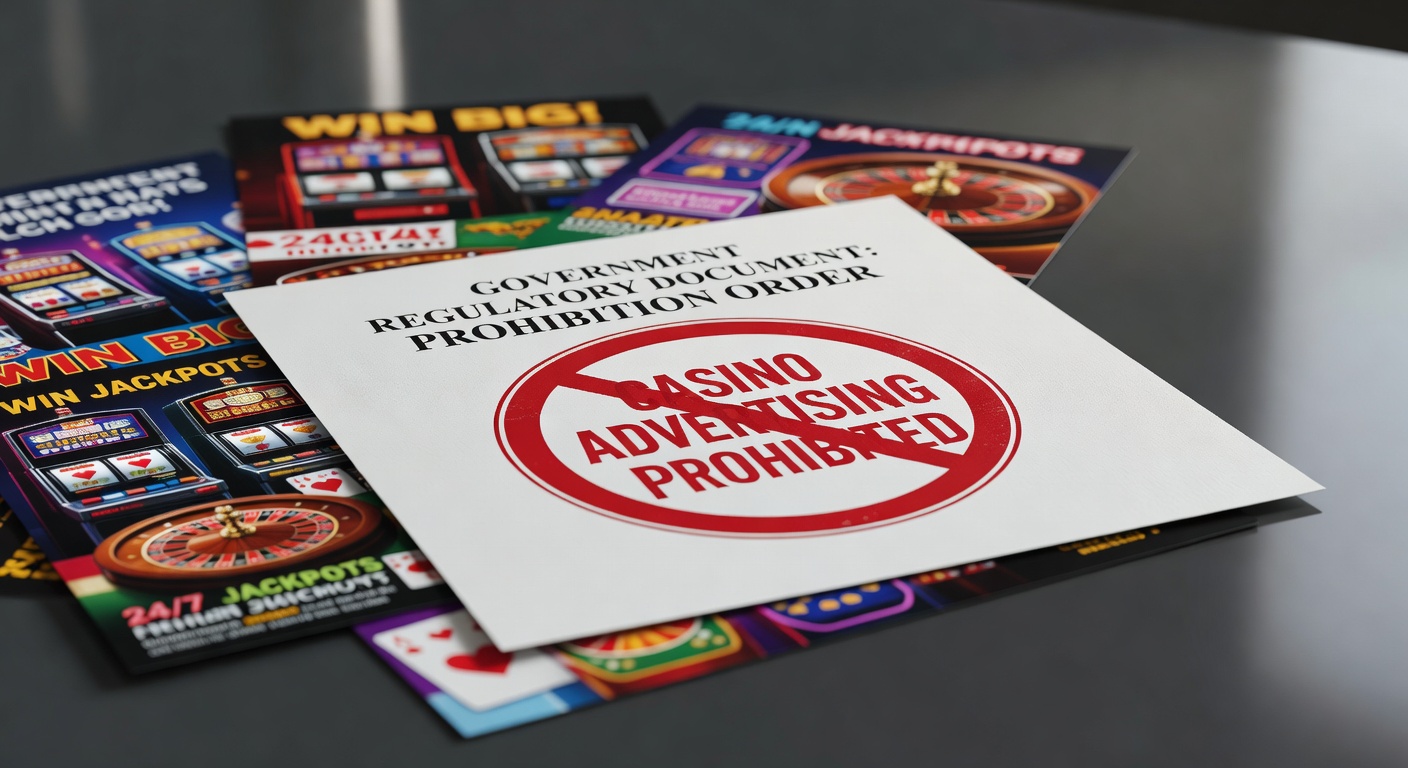 government regulatory document stamped with prohibition seal over casino advertising materials
