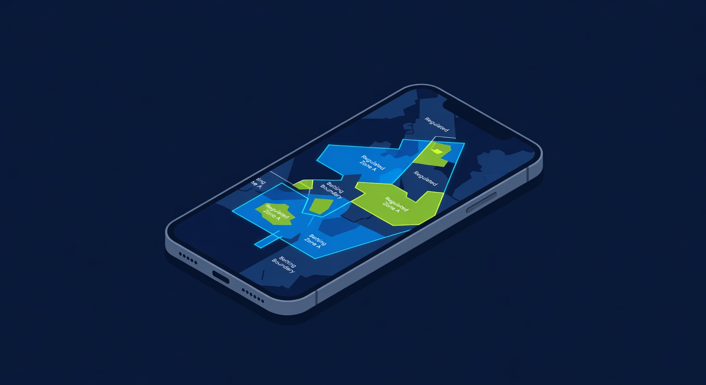 smartphone displaying GPS geofence boundary map over regulated sports betting jurisdiction zones