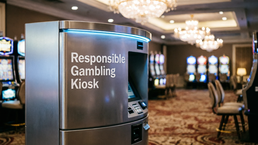 casino floor with visible responsible gambling kiosk signage