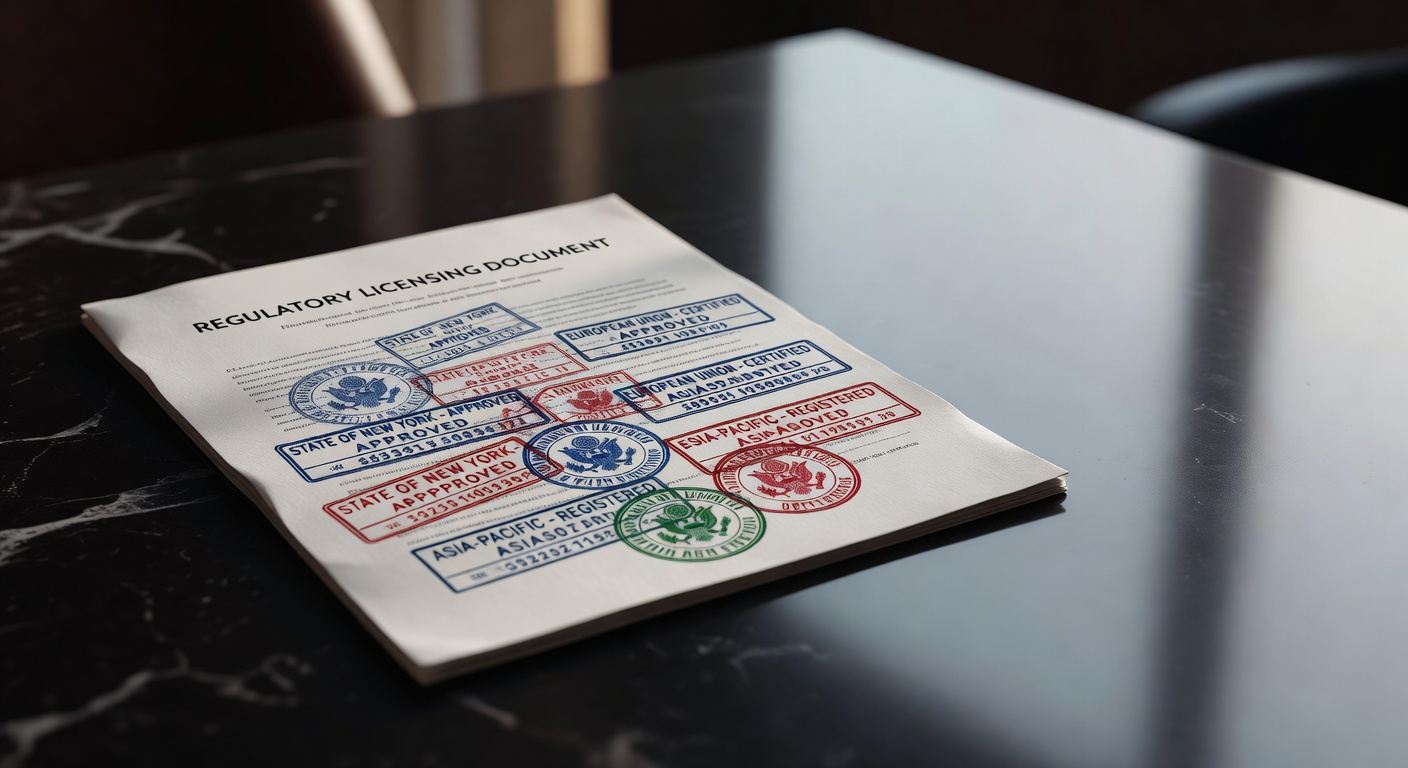 Regulatory licensing document seal with multiple jurisdiction stamps displayed