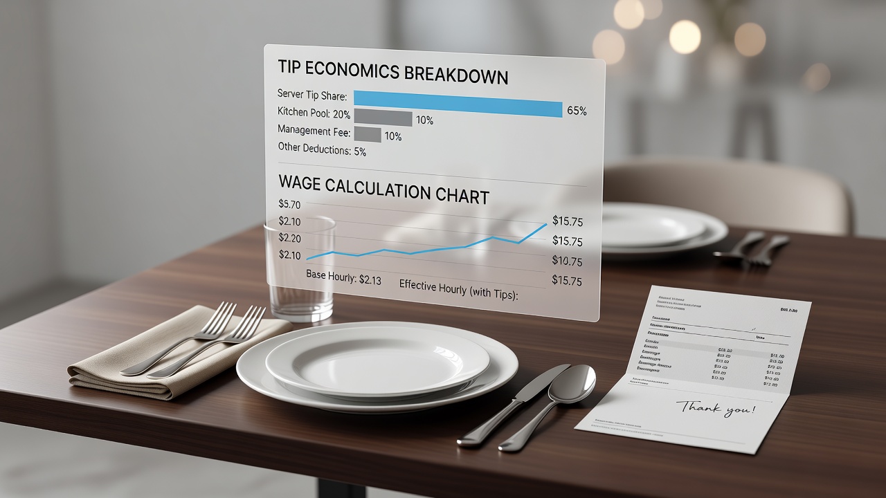 table service documentation with tip economics breakdown and wage calculation chart overlaid