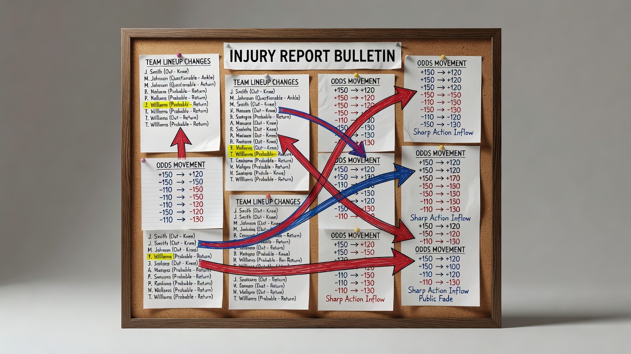 injury report bulletin board with team lineup changes affecting odds movement arrows annotated throughout