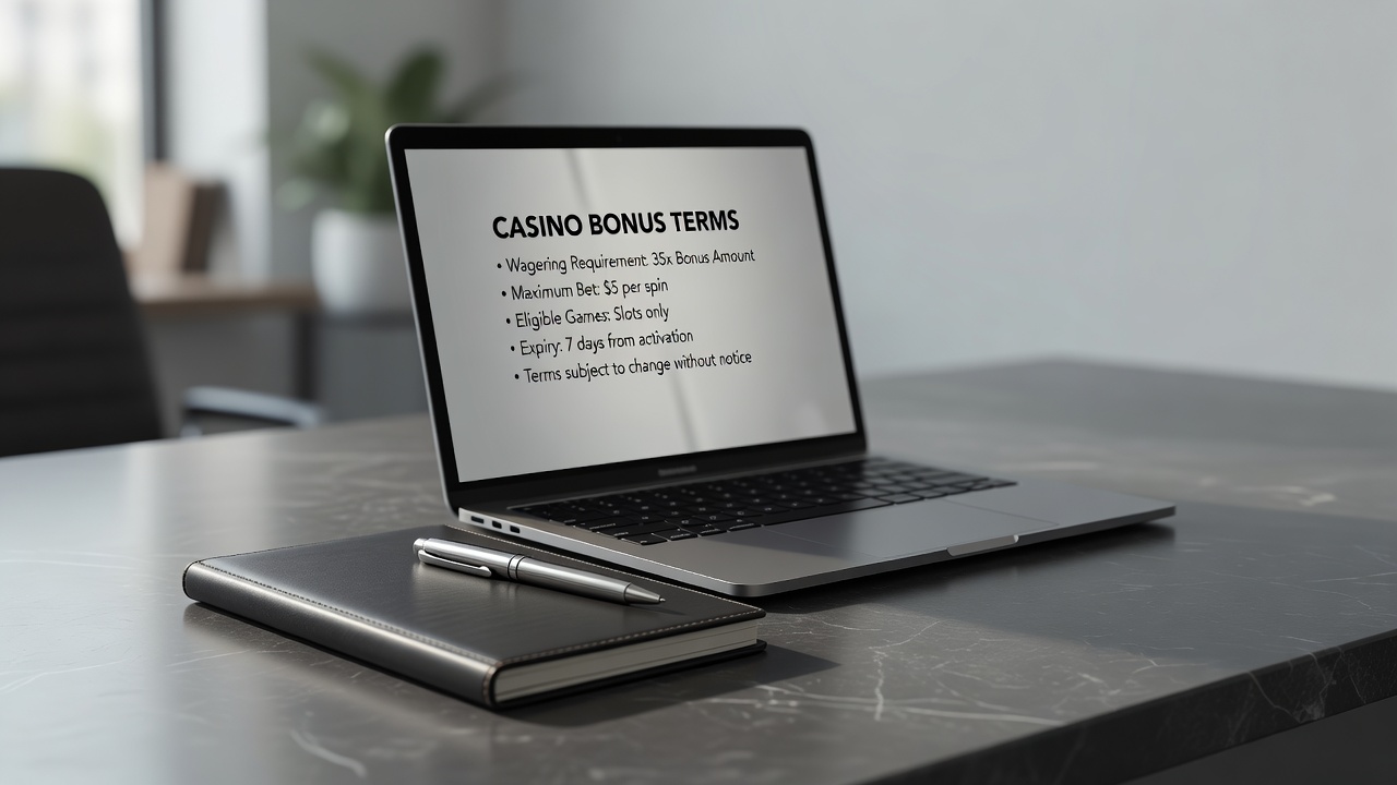 laptop screen showing casino bonus terms next to a notepad