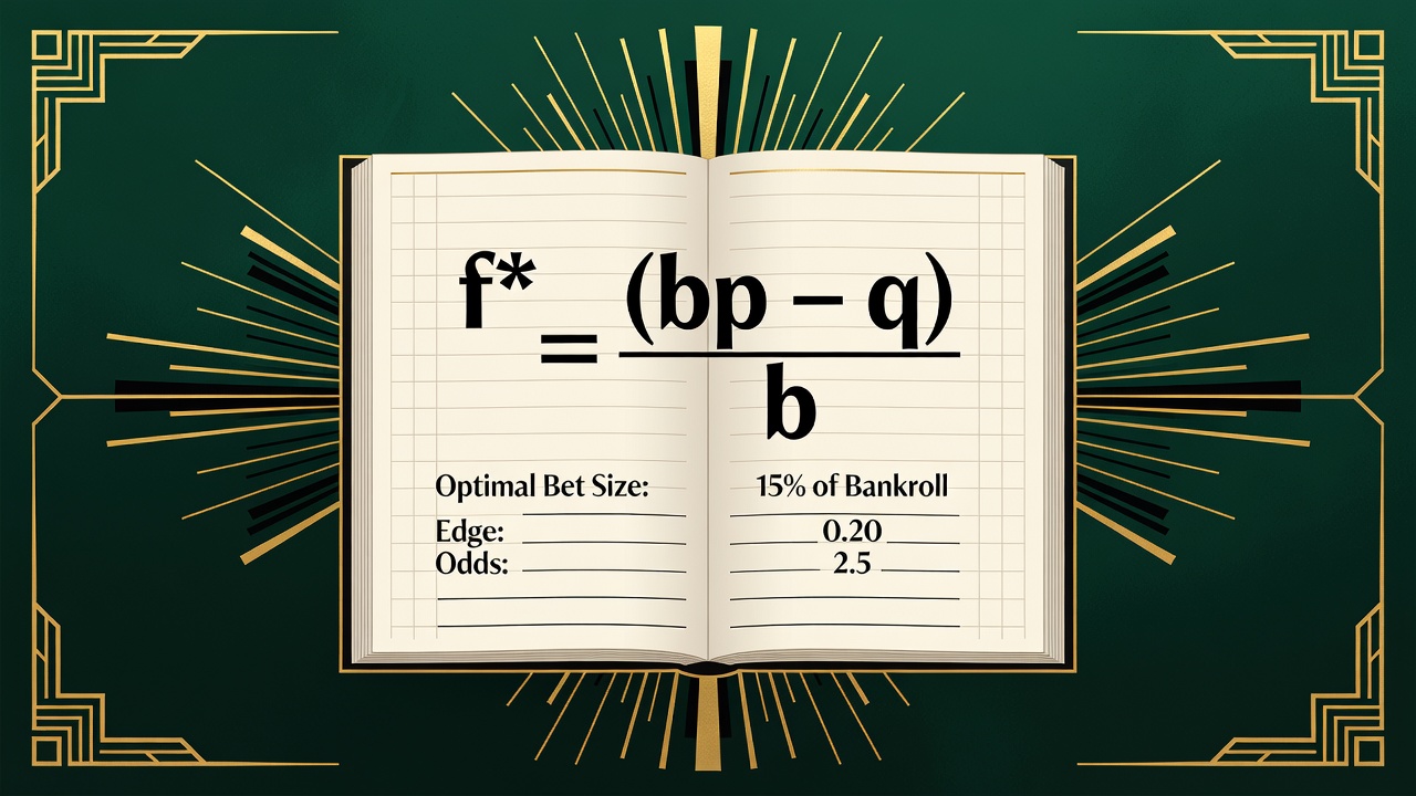 Kelly Criterion formula displayed on accounting ledger with bet sizing calculation results annotated