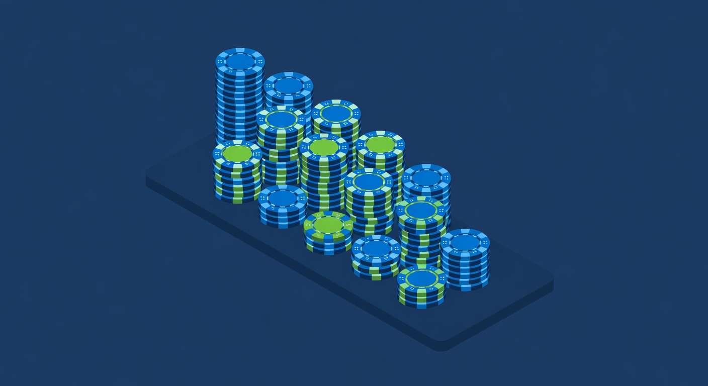 Poker chip stack towers rising in graduated heights on table felt