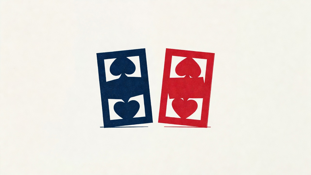 two simplified cards facing off in isolation against clean negative space suggesting simplicity