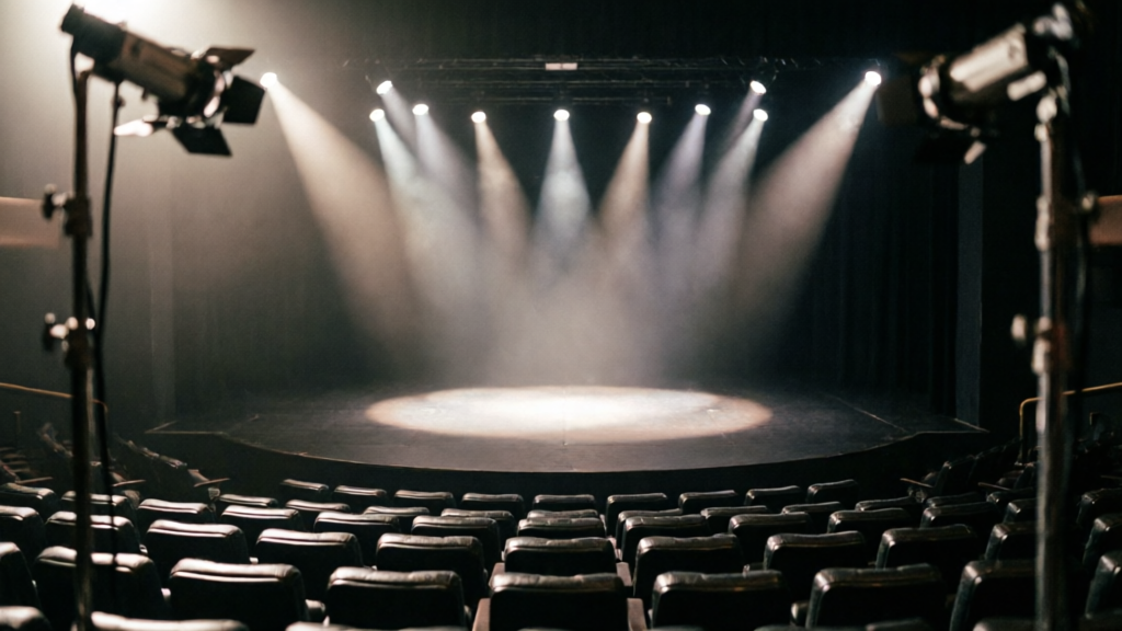 empty Las Vegas theater stage with spotlights and vacant seating