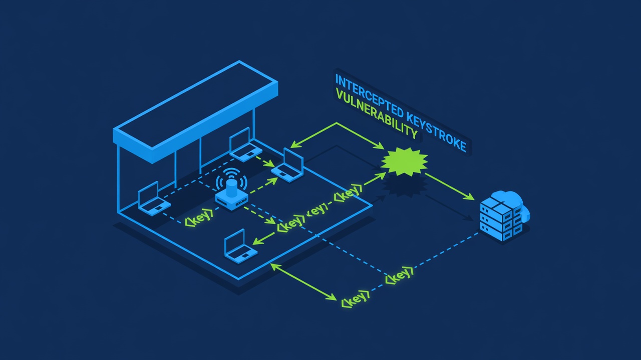 coffee shop public WiFi network diagram with intercepted keystroke vulnerability animation highlighted