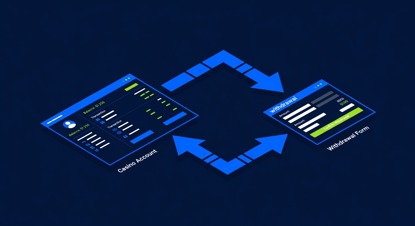 a reversed withdrawal arrow flowing back from withdrawal form to casino account interface