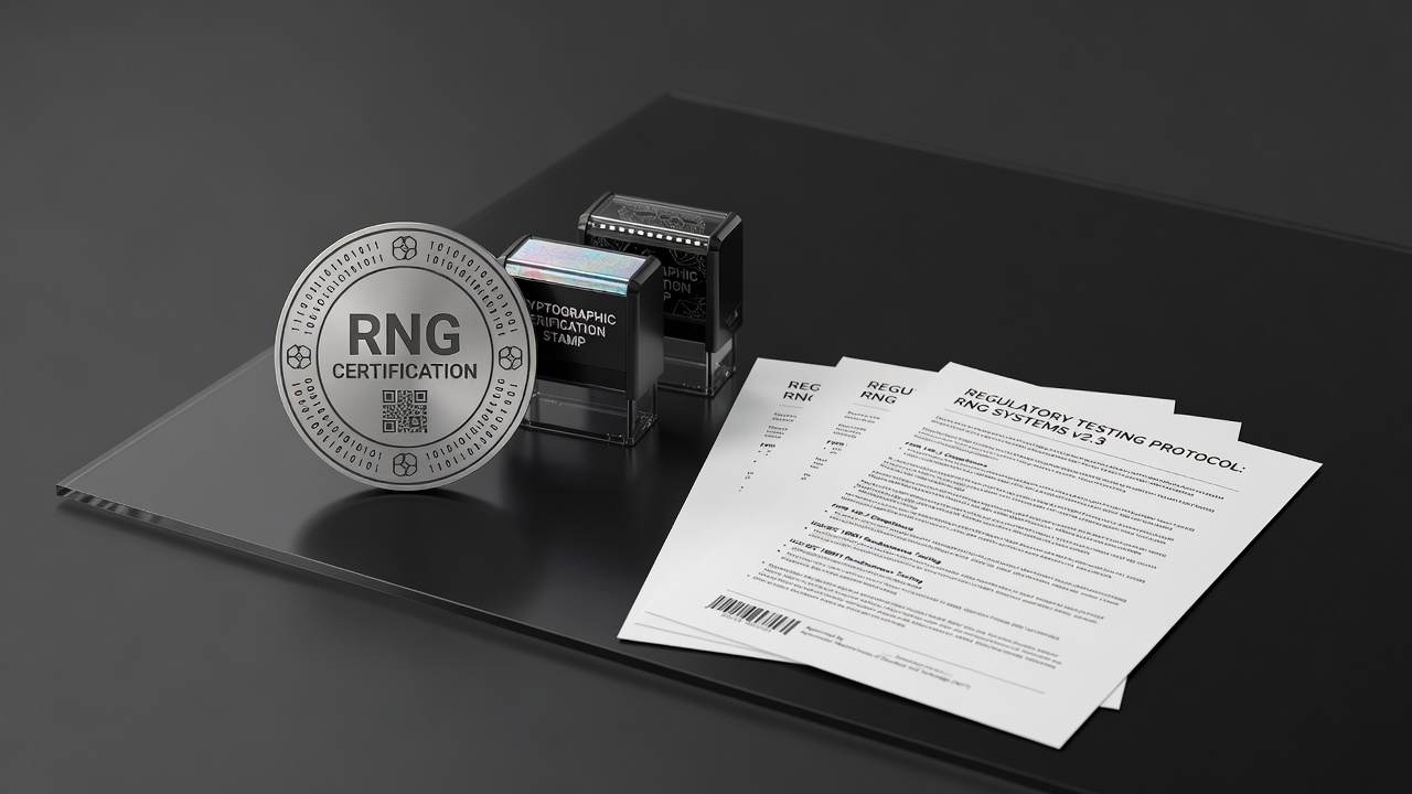 RNG certification badge with cryptographic verification stamps and regulatory testing protocol documentation