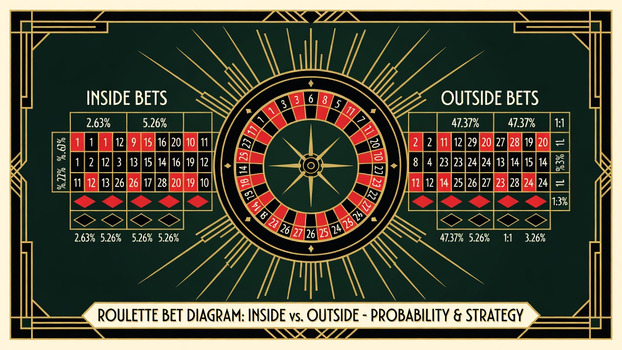 roulette bet diagram comparing inside bets against outside bets with probability percentages annotated