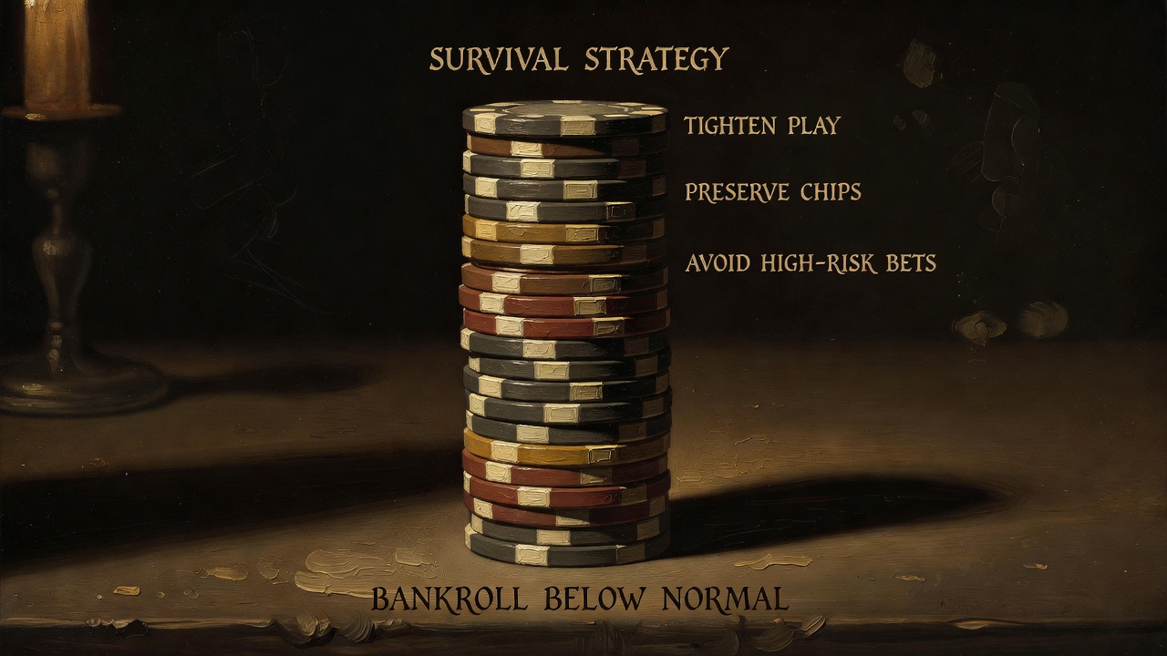 poker chip stack diagram illustrating survival strategy when bankroll falls below normal levels