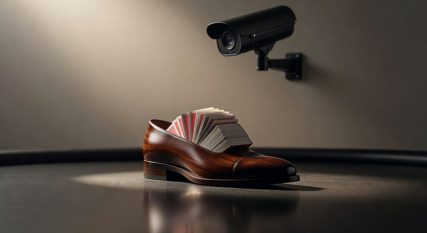 blackjack shoe with multiple decks being shuffled under casino surveillance camera overhead