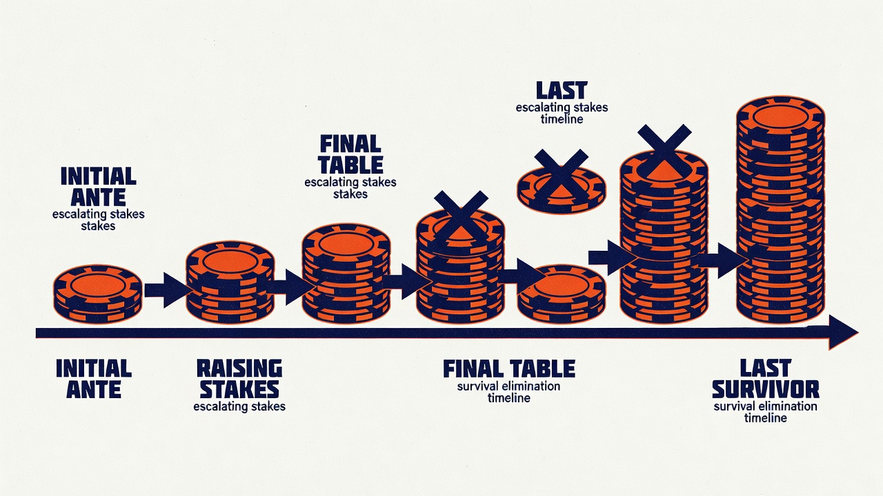 tournament chip progression chart showing escalating stakes and survival elimination timeline annotated