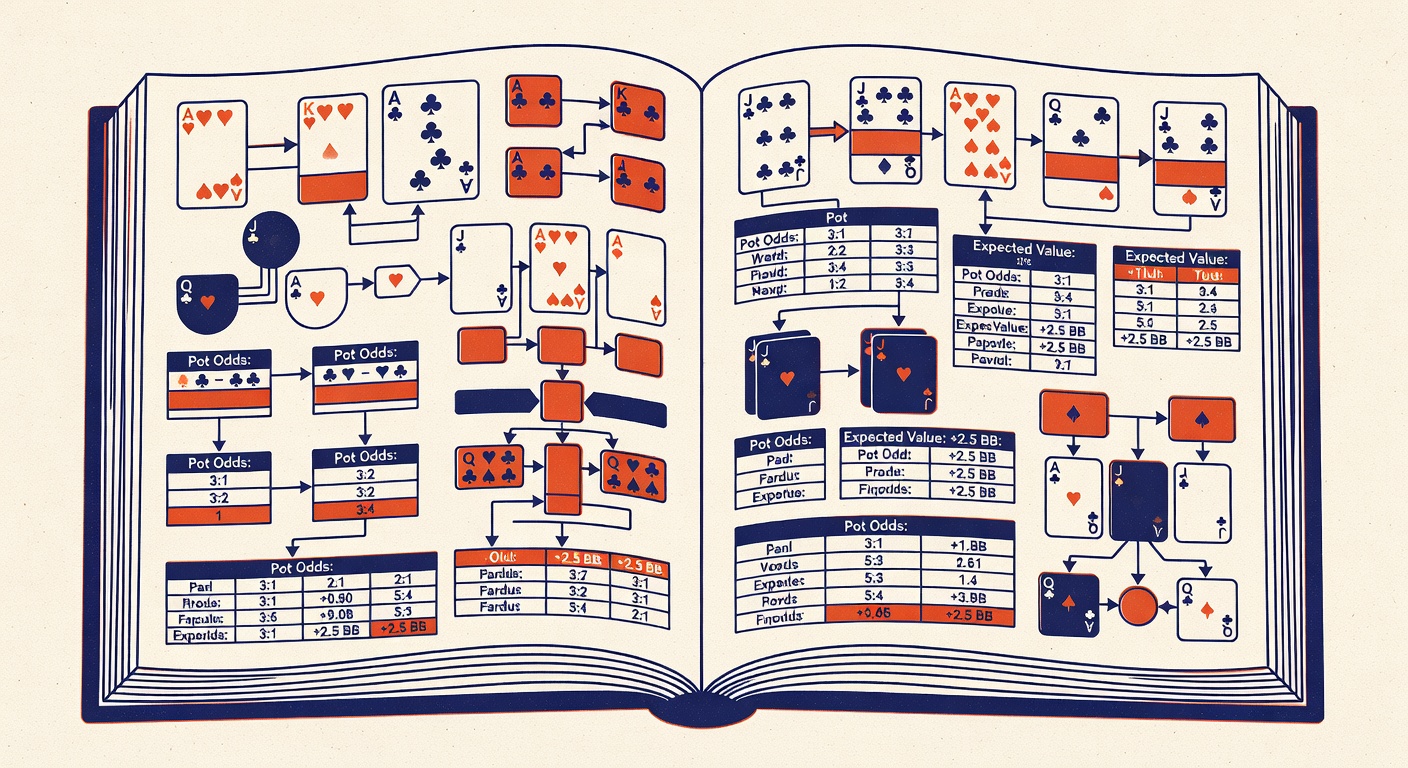 Book pages filled with poker strategy diagrams and betting calculations
