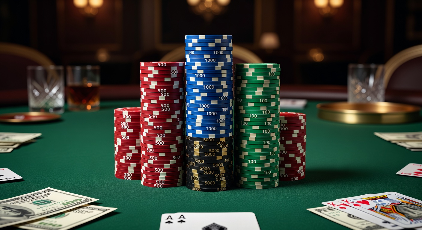 three towering poker chip stacks facing off across high-stakes cash game table felt
