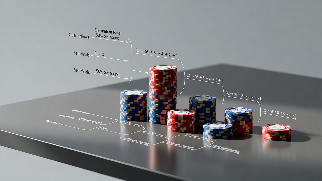 tournament chip stacks with mathematical brackets showing elimination mathematics