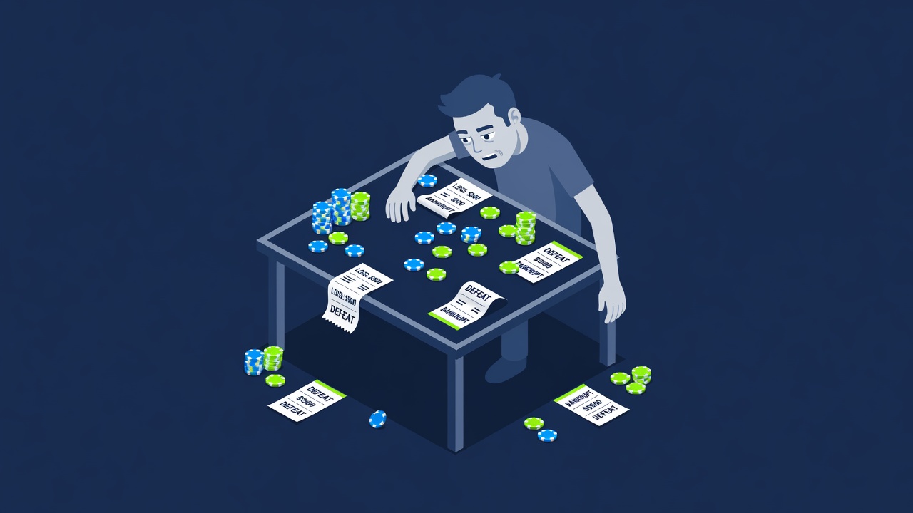 A player sitting at table looking fatigued with scattered chips and losing receipts
