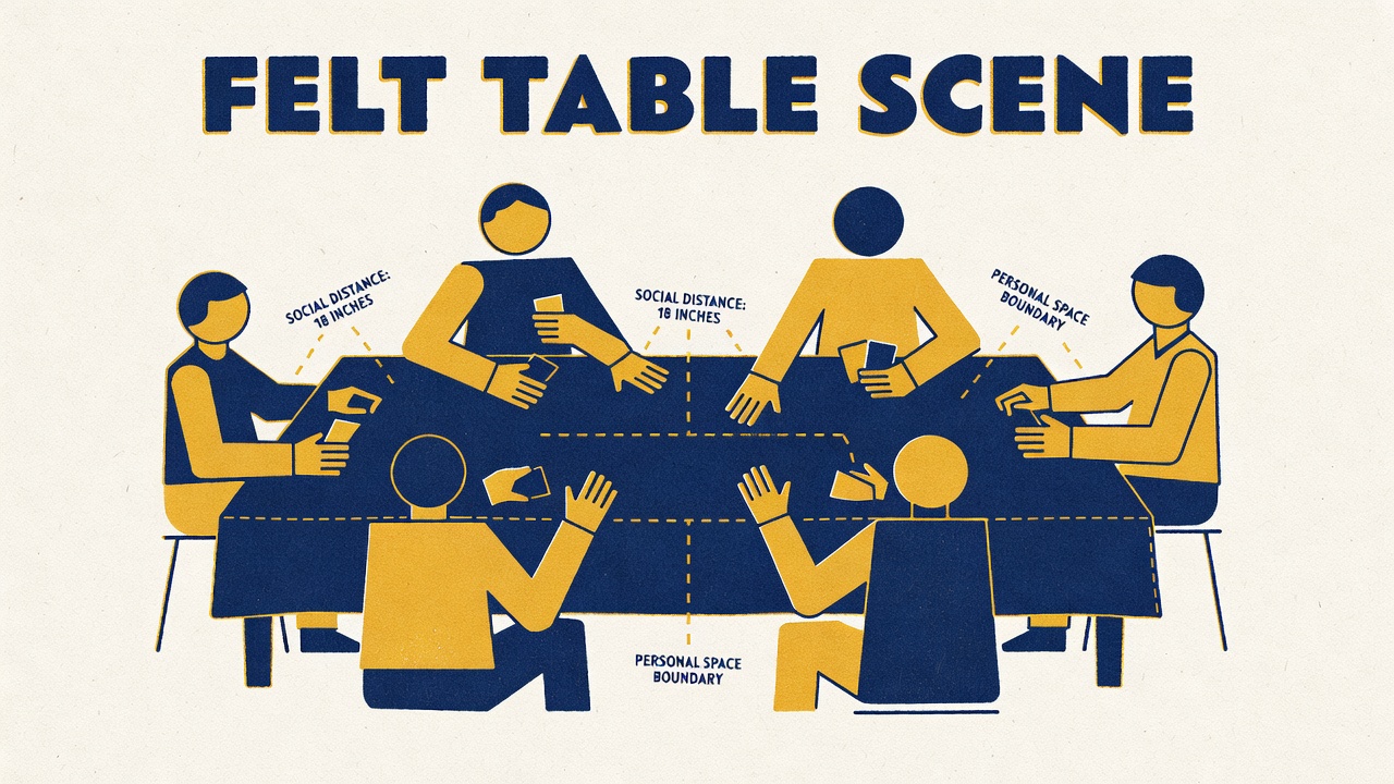 Felt table scene with proper hand positioning and subtle social interaction distance marked