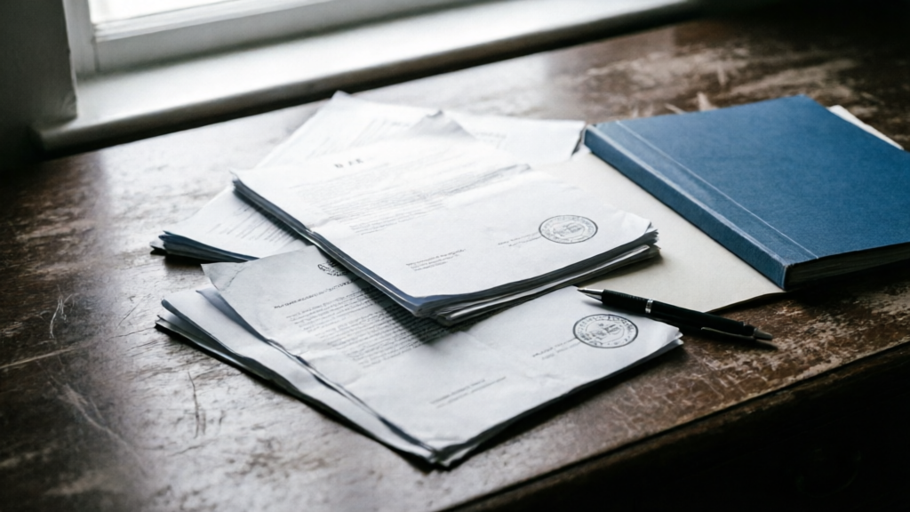 scattered official documents on a wooden table under dim light