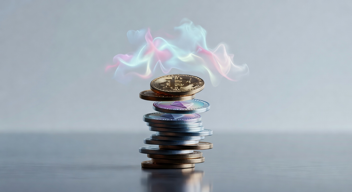 Bankroll visualization as stacked cryptocurrency coins with variance probability clouds above