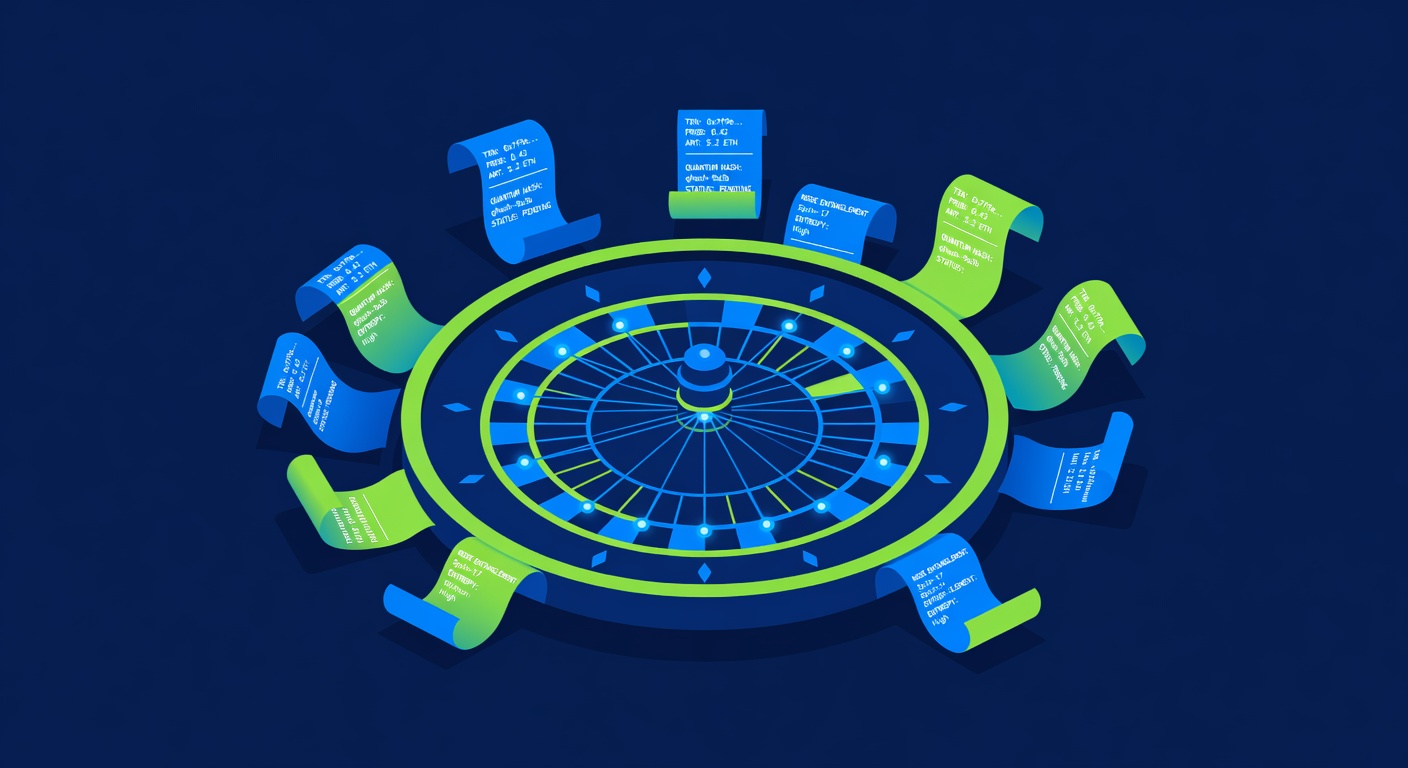 Spinning roulette wheel with quantum probability nodes and transaction receipt scrolls surrounding