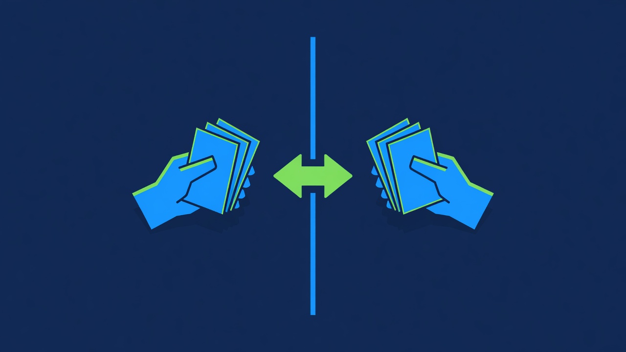 two card hands separated by vertical line with swap arrow between them clearly marked