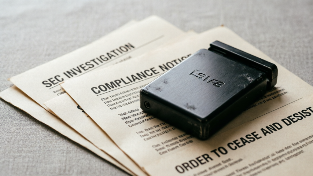 Seized self-custody wallet hardware on a desk beside regulatory documents