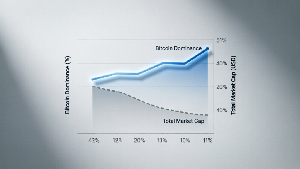 bitcoin dominance chart rising against falling total market cap line