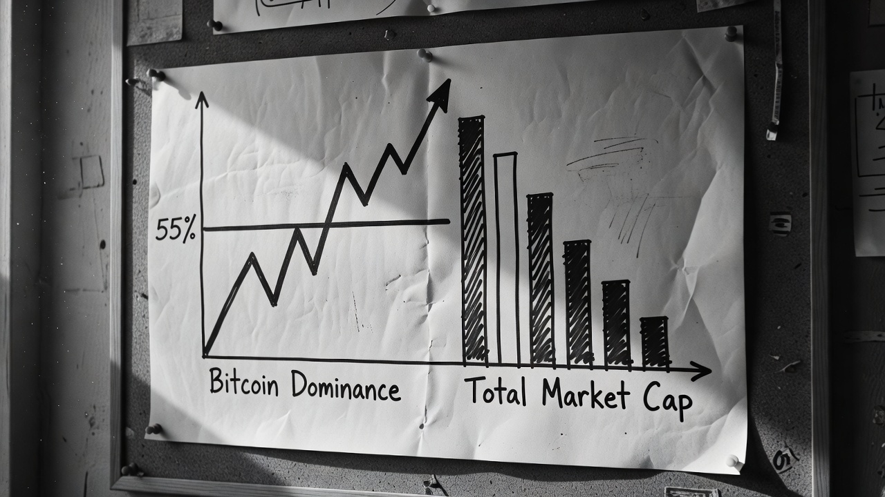 hand-drawn chart of bitcoin dominance line crossing 55 percent beside falling total market cap bars