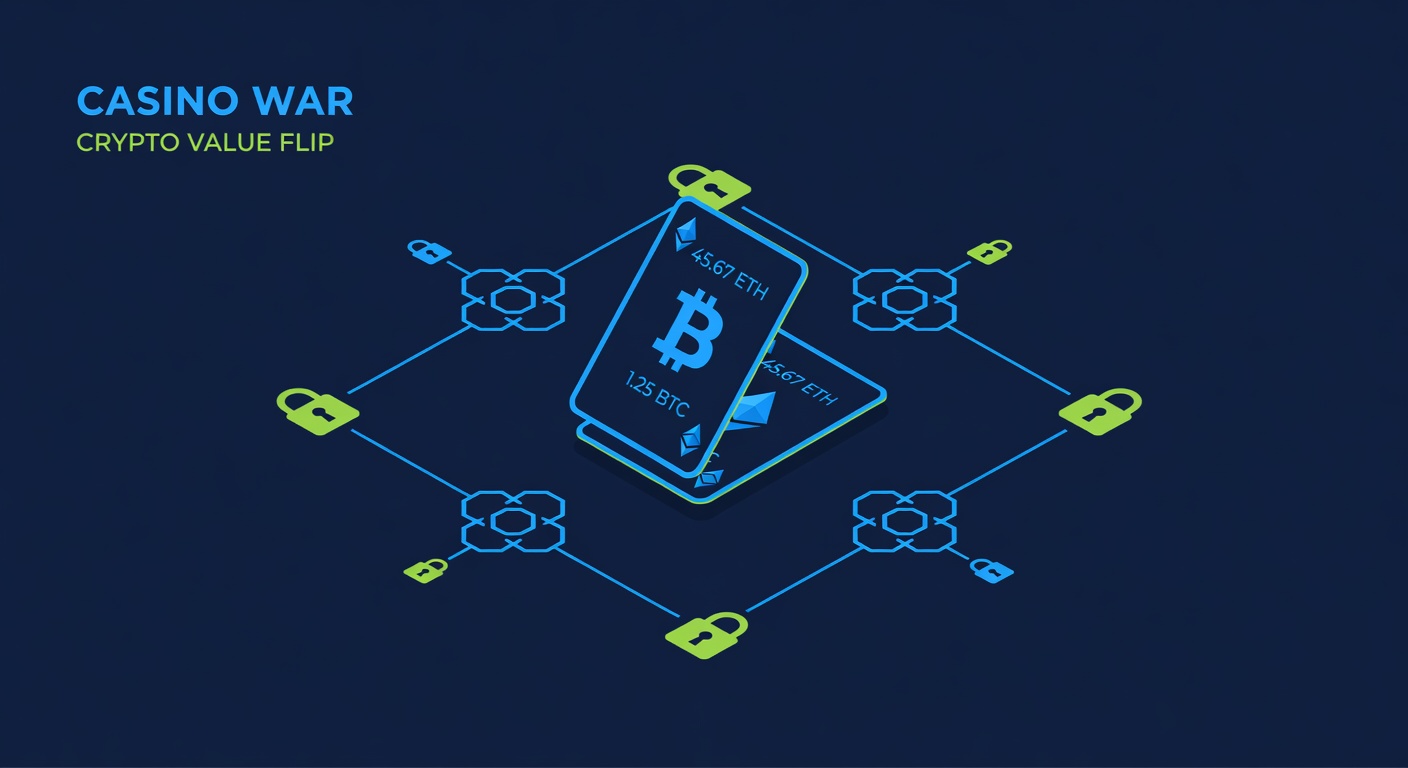 Casino War card flip visualization with cryptocurrency value cards and blockchain simplicity symbols