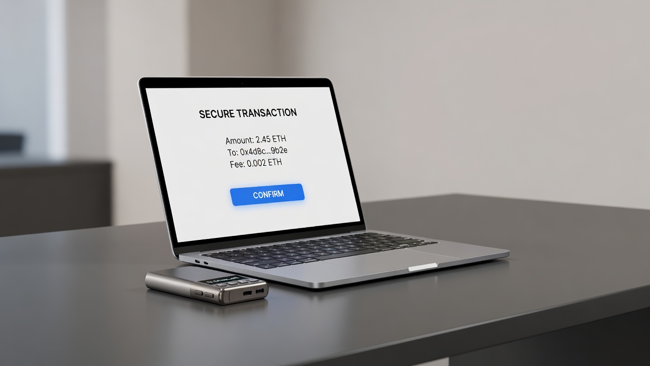 hardware wallet on desk beside open laptop displaying transaction screen
