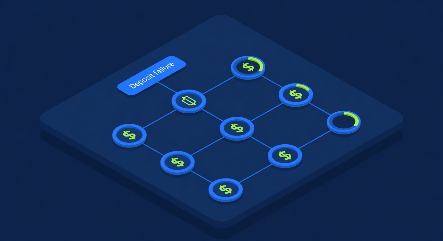 Deposit failure decision tree with blockchain verification nodes and currency conversion dials