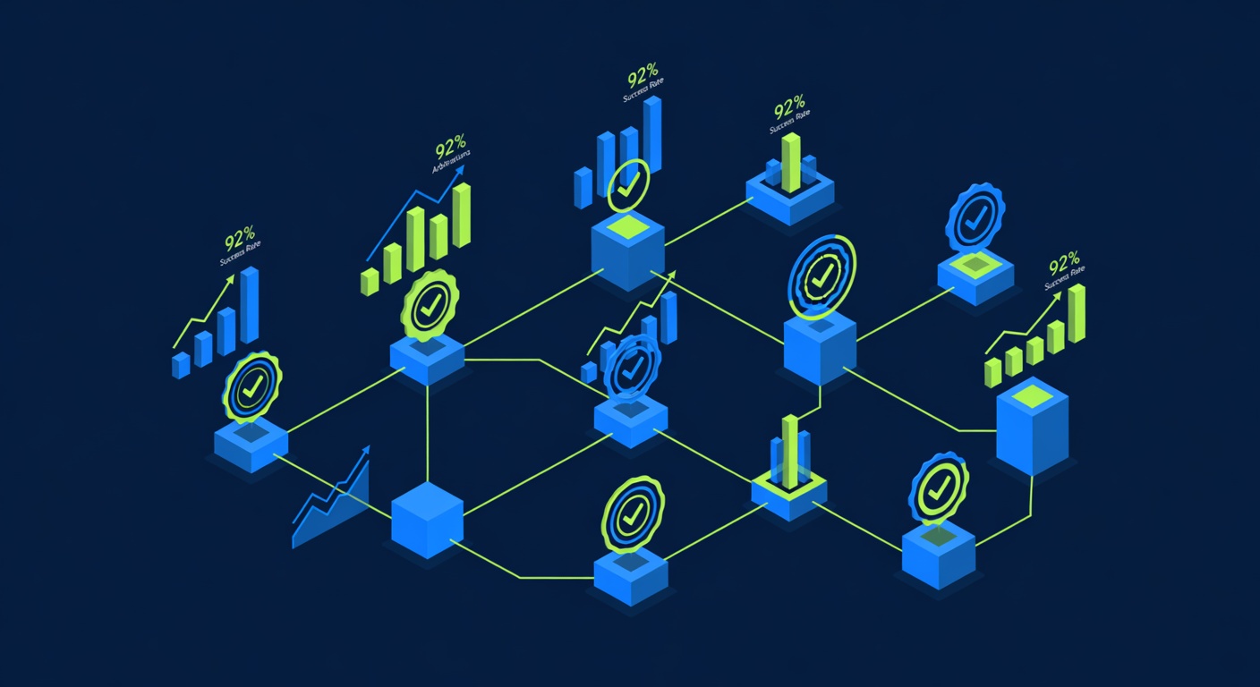 Dispute resolution success rate visualization with blockchain arbitration nodes and verification seals