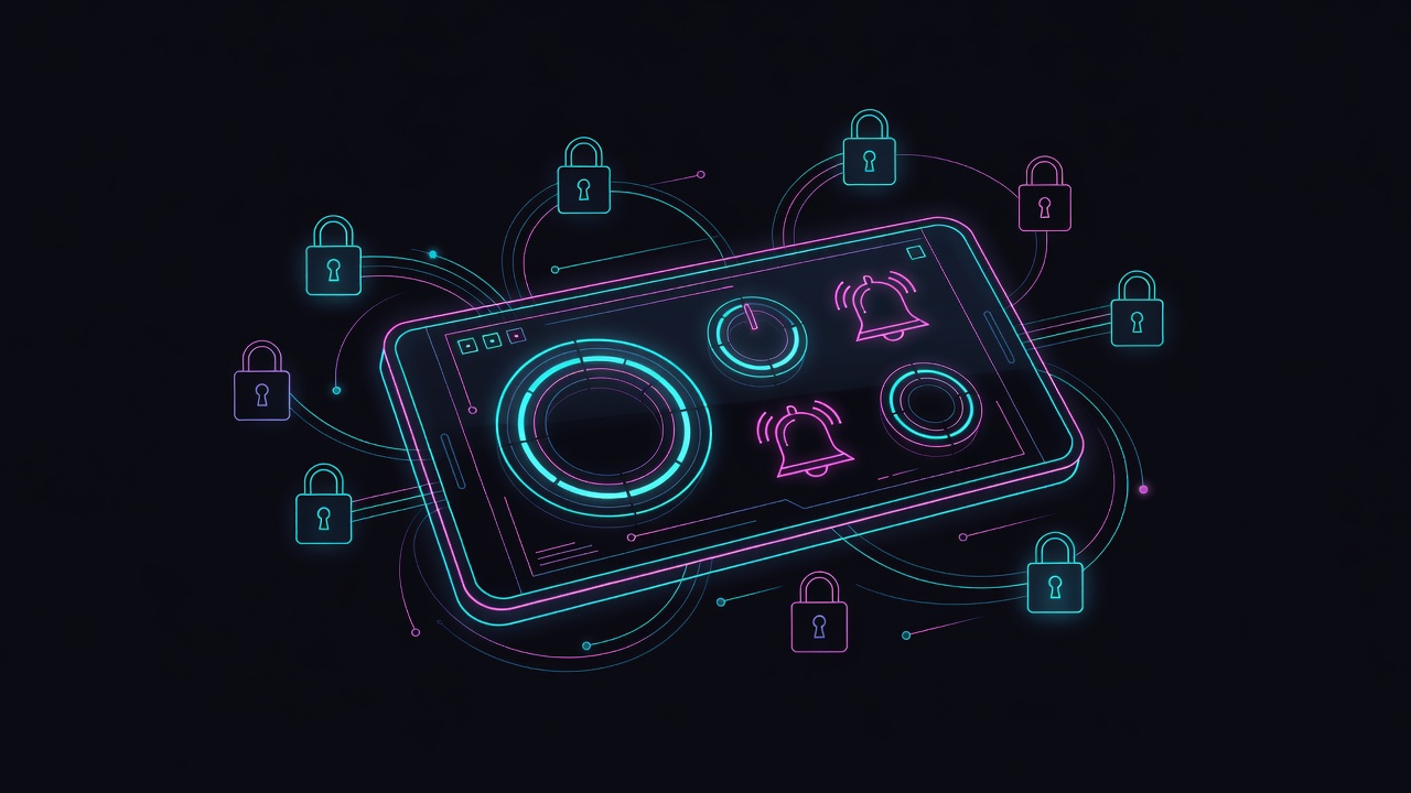Mobile device interface with deposit limit dials and session alarm bells surrounded by digital padlocks