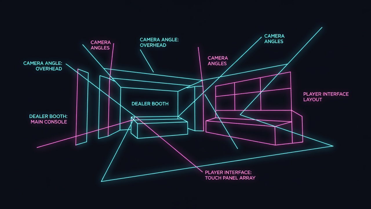 studio infrastructure diagram showing camera angles dealer booth and player interface layout