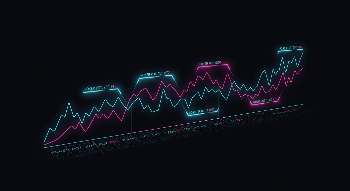 Historical Bitcoin exchange rate chart with poker pot values marked on blockchain timeline