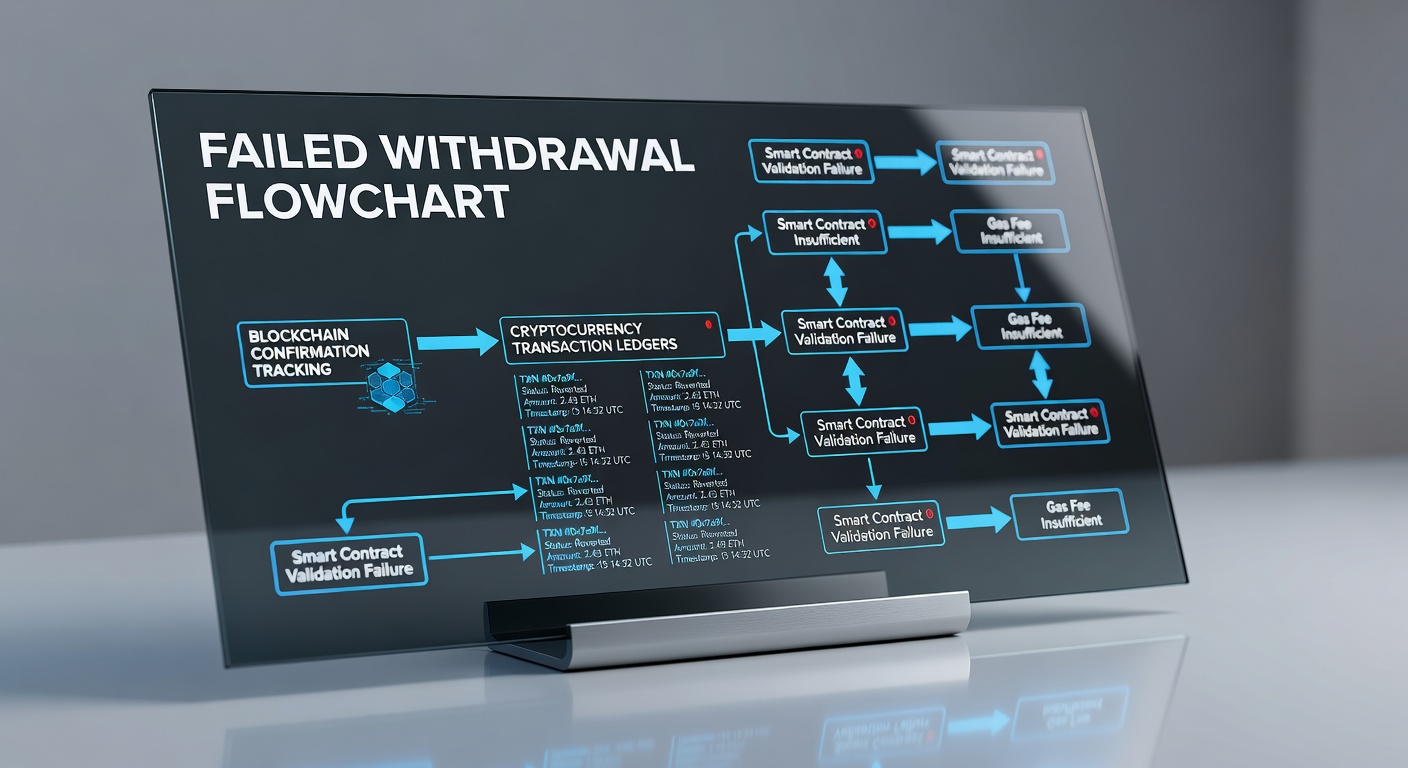 Failed withdrawal flowchart with blockchain confirmation tracking and cryptocurrency transaction ledgers