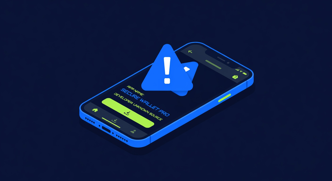 smartphone screen showing suspicious app store listing with warning icon overlaid