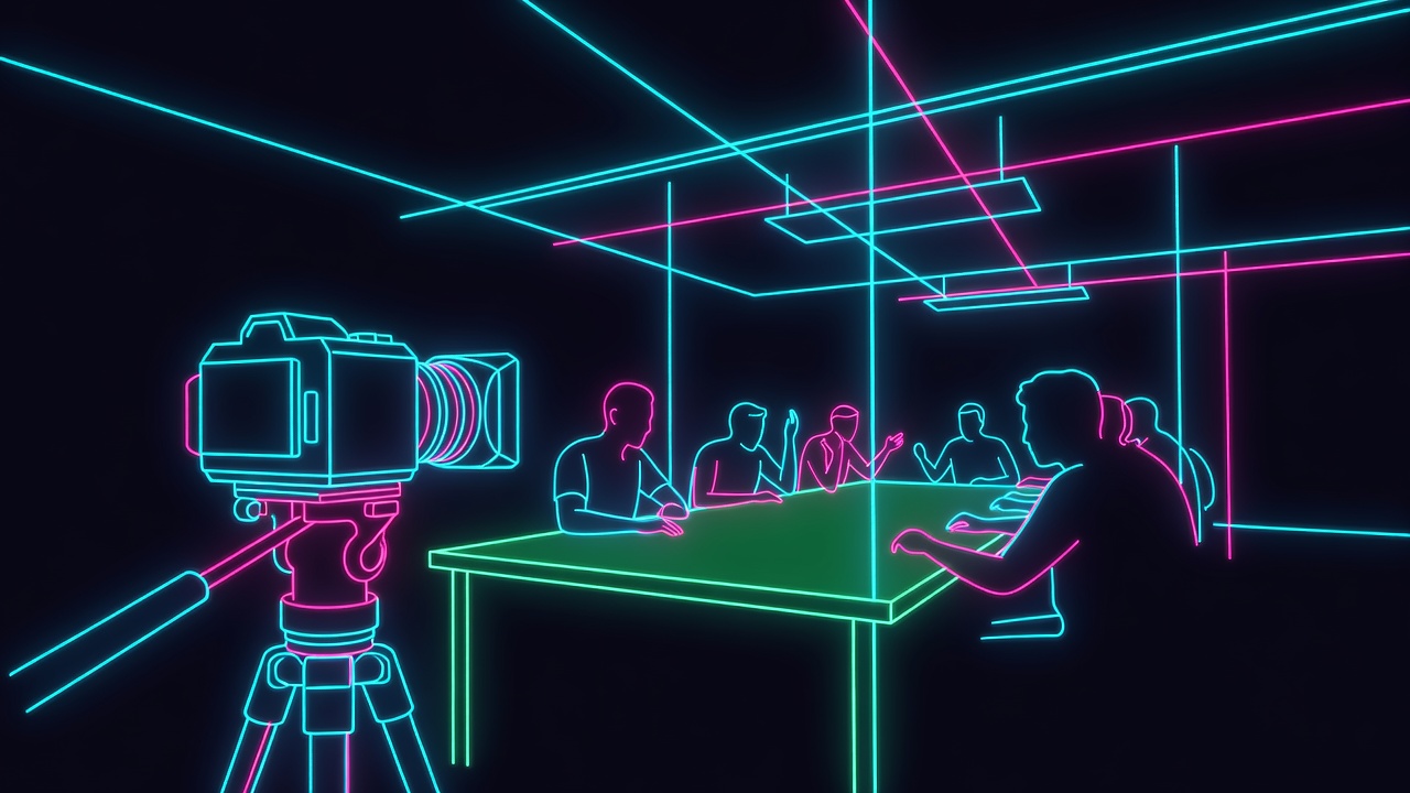 camera pointing at green table with players visible in bright studio lighting configuration