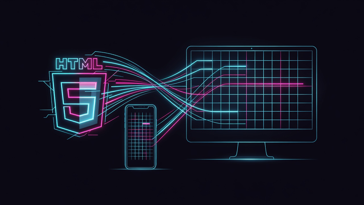 HTML5 logo transforming into responsive grid layout on mobile and desktop device