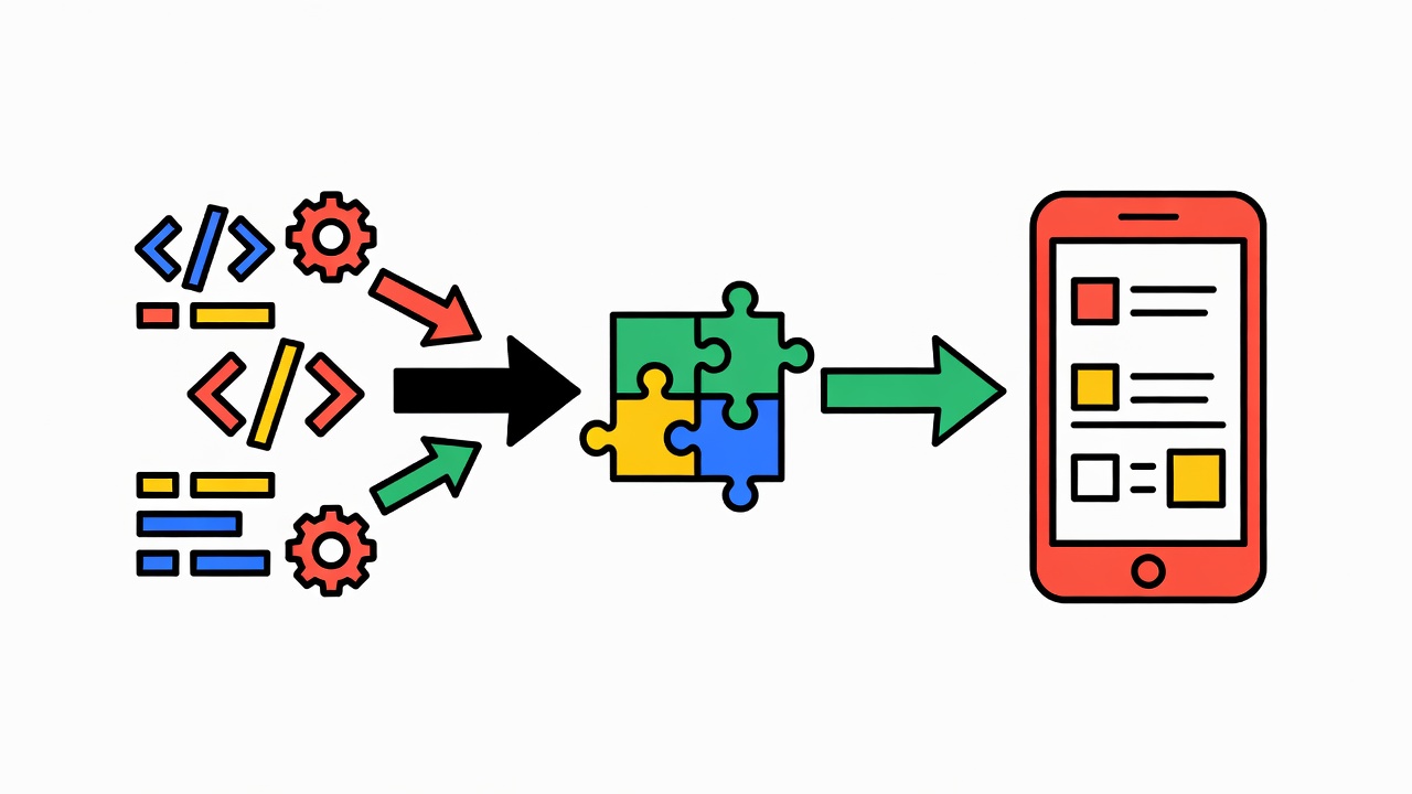 code compilation symbols converting programming language into responsive mobile display rendering