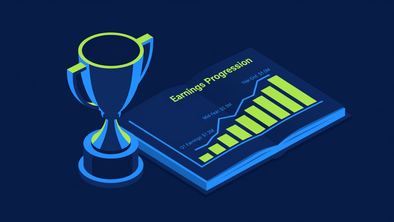 championship trophy placed next to financial ledger showing earnings progression timeline