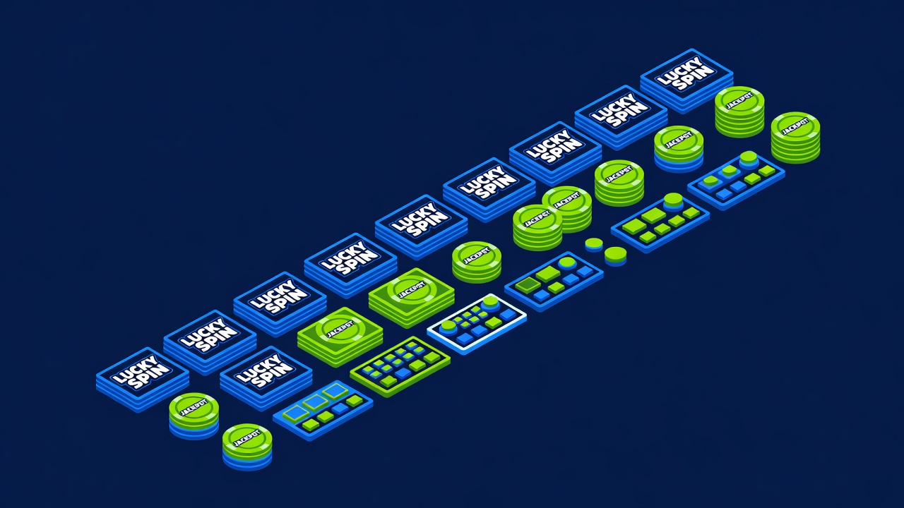 assembly line of branded slot game components stacked and organized carefully
