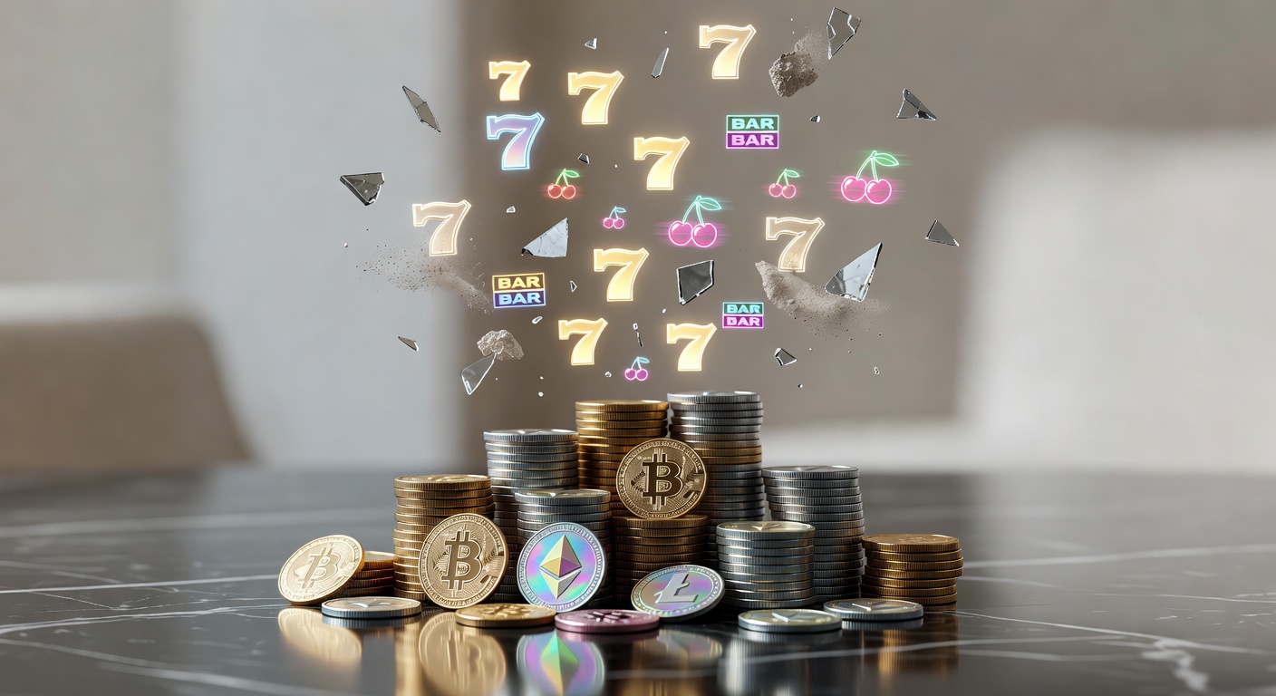 Slot win cap ceiling symbols floating above cryptocurrency coin stacks with ceiling-break indicators