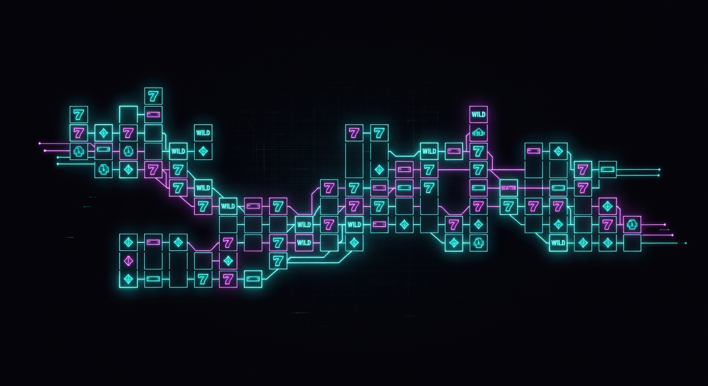 Megaways slot reel structure visualized as expandable blockchain ledger entries with variable symbols