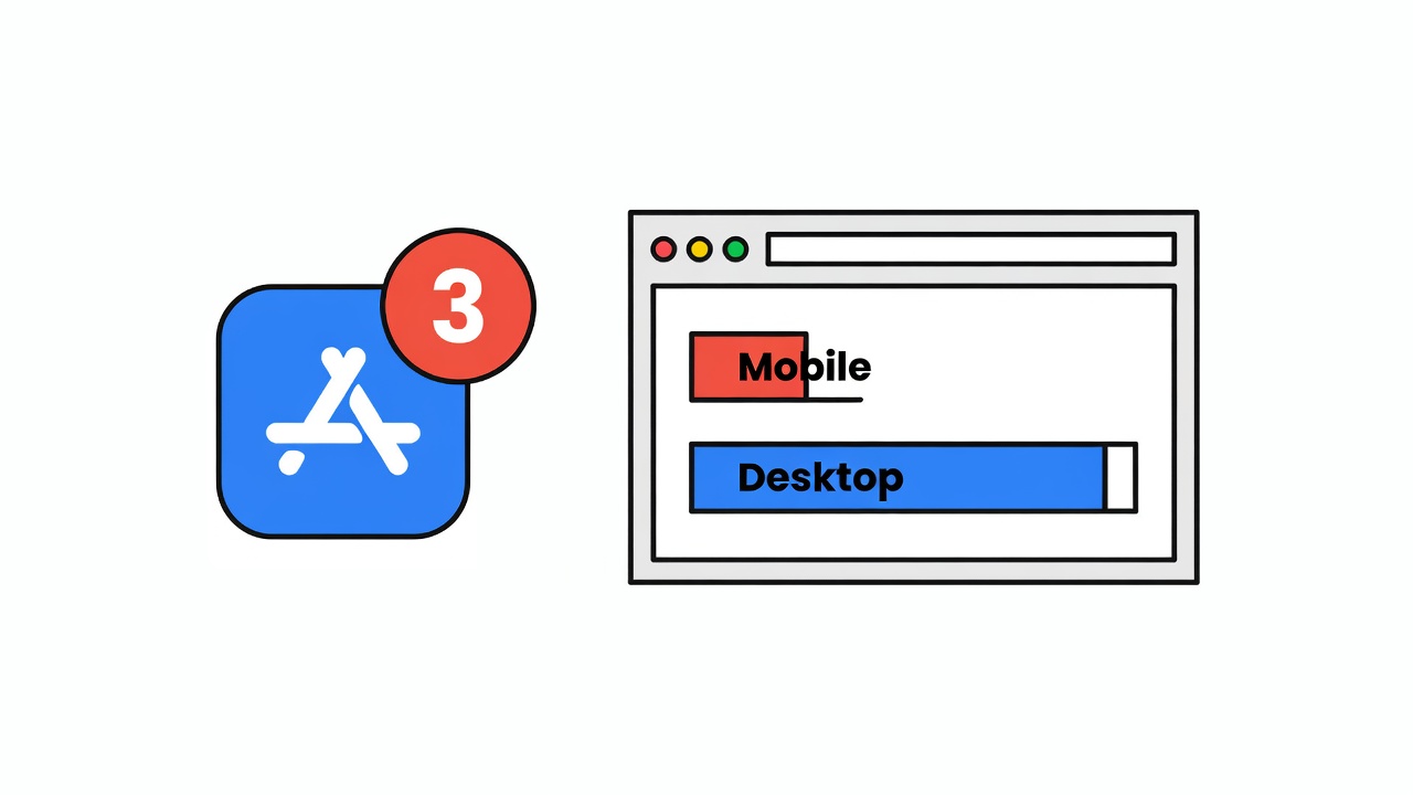 mobile app notification badge next to desktop browser window with speed comparison