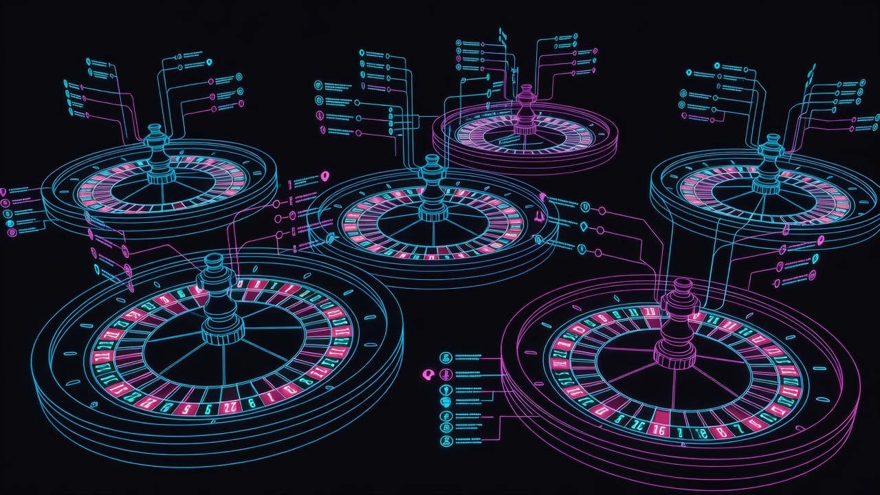 Multiple spinning roulette wheels with overlaid transaction confirmation trees rotating simultaneously
