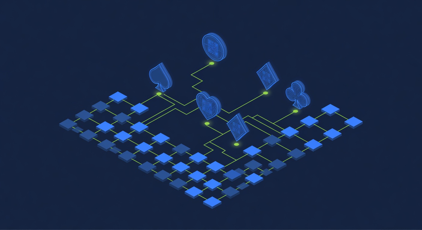 Bridge card game symbols converted into cryptocurrency tokens on blockchain ledger visualization