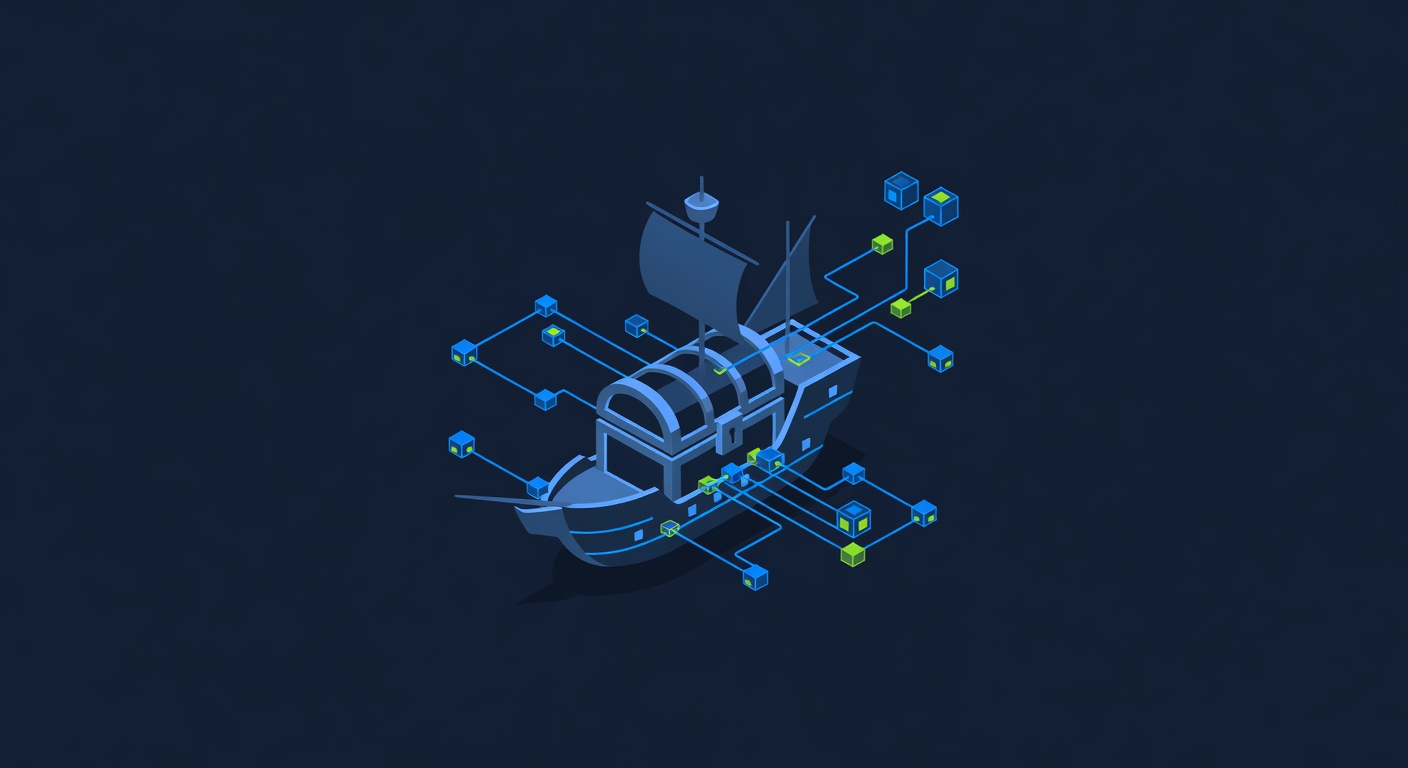Pirate ship symbol merged with cryptocurrency treasure chest and blockchain transaction flows